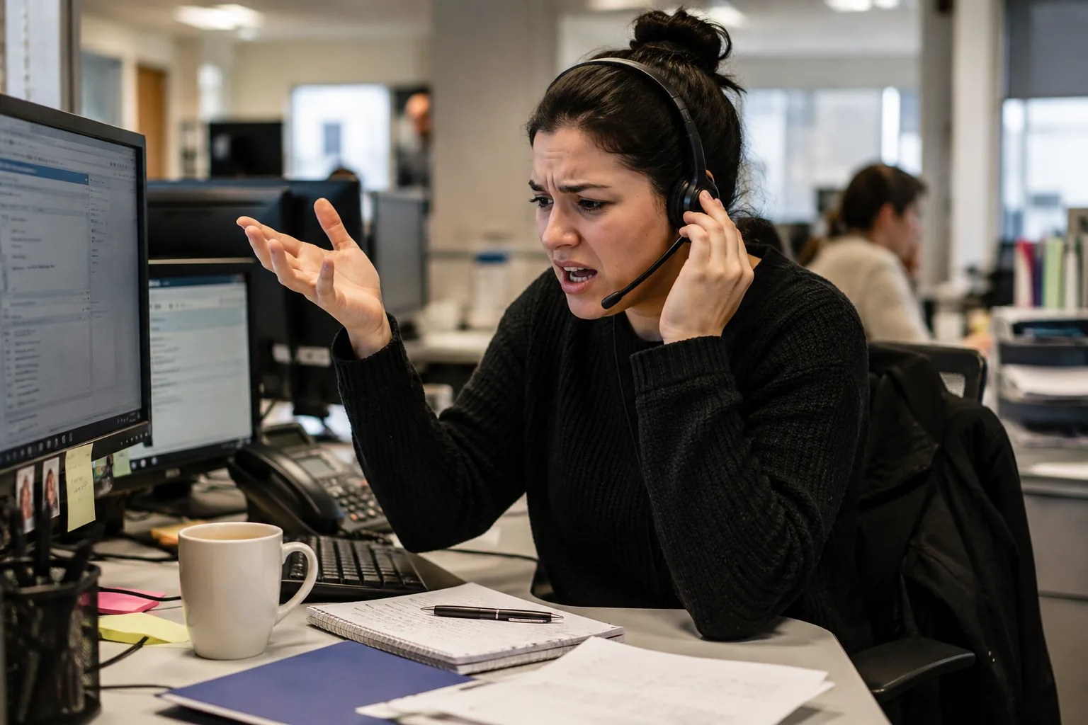 A woman wearing a headset seated at a desk during a phone call