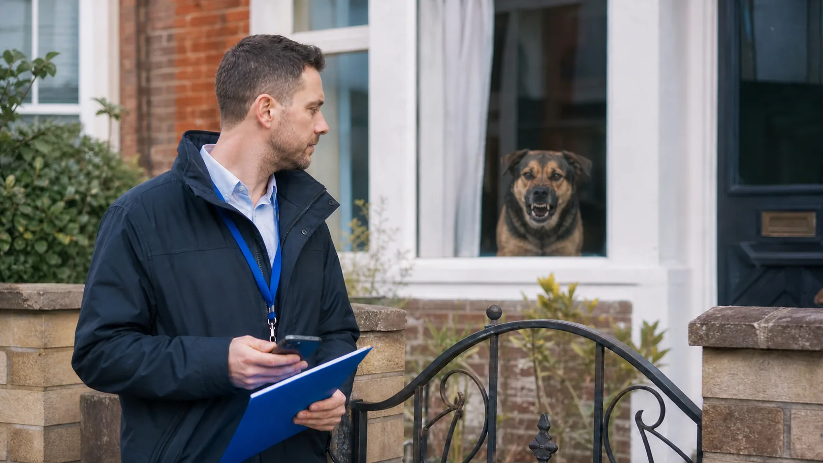 Frontline worker keeping distance from an aggressive dog behind a property gate