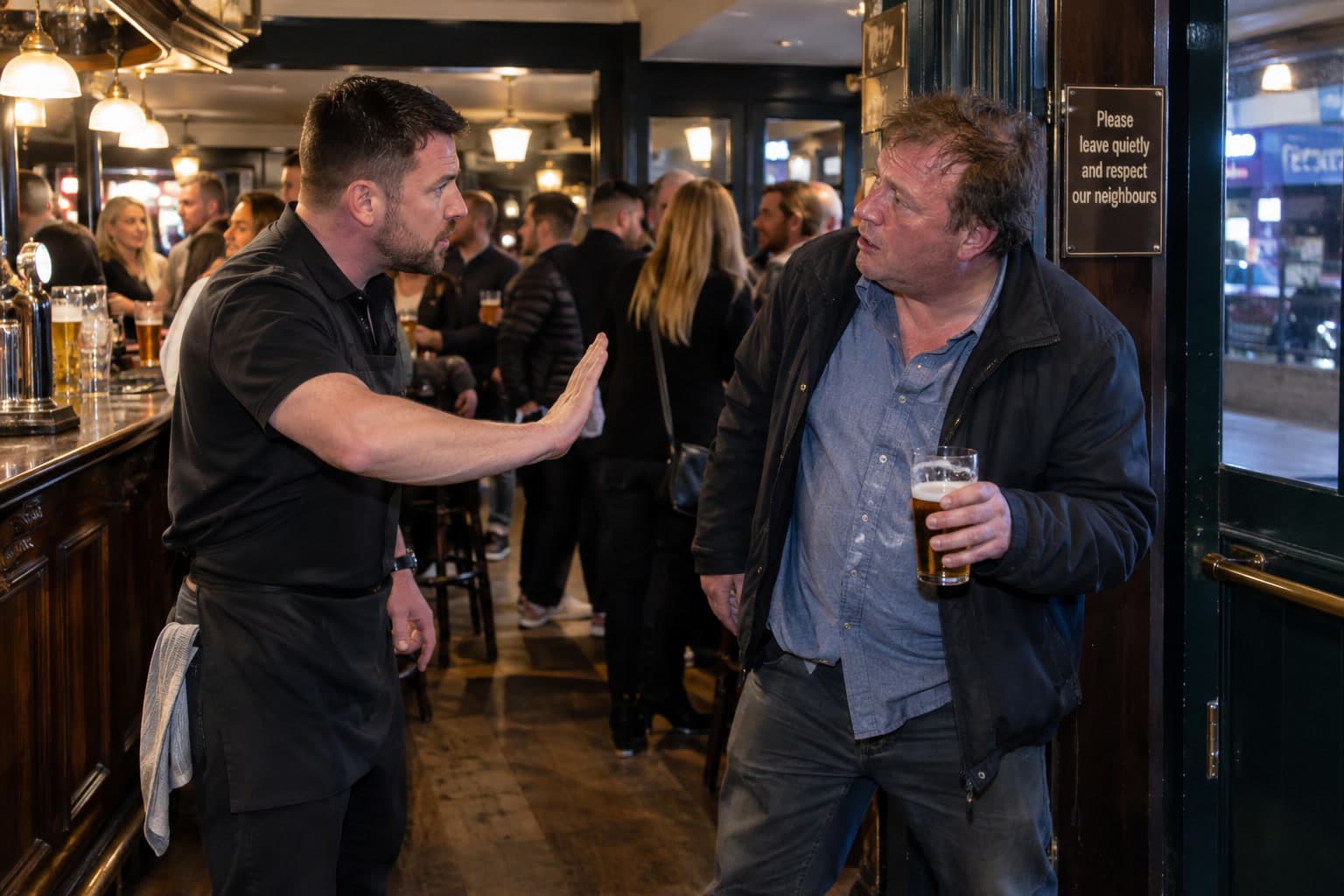 A member of bar staff asking a customer with a drink to stop at the door of a busy pub