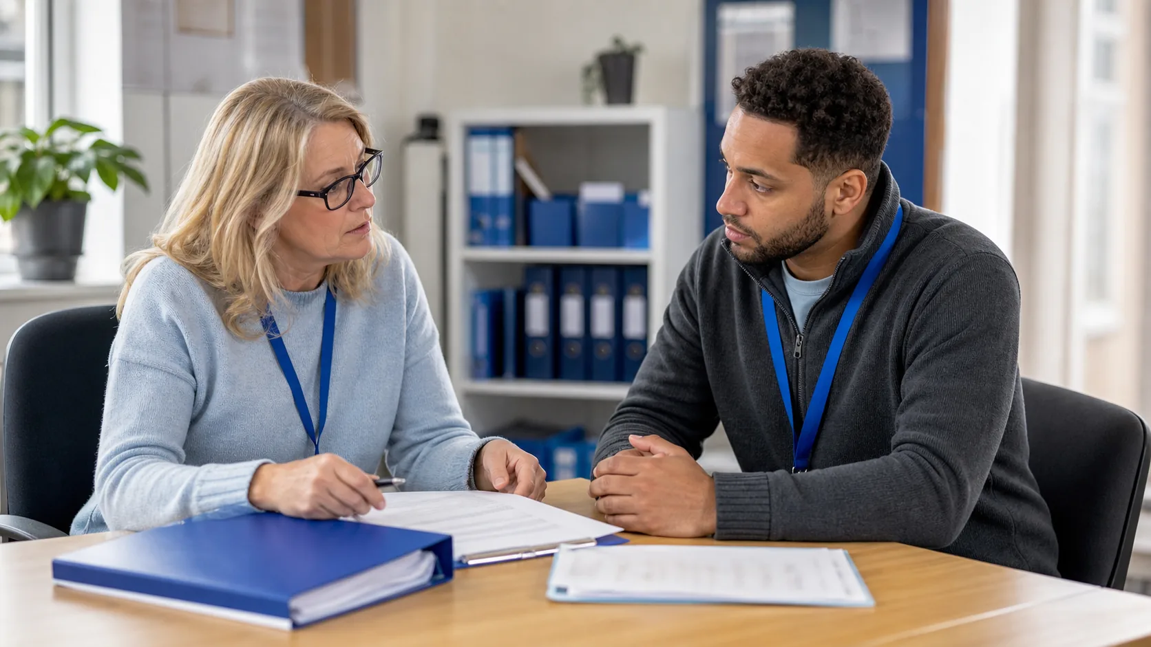 A woman and a man in conversation across a table, with a notepad between them