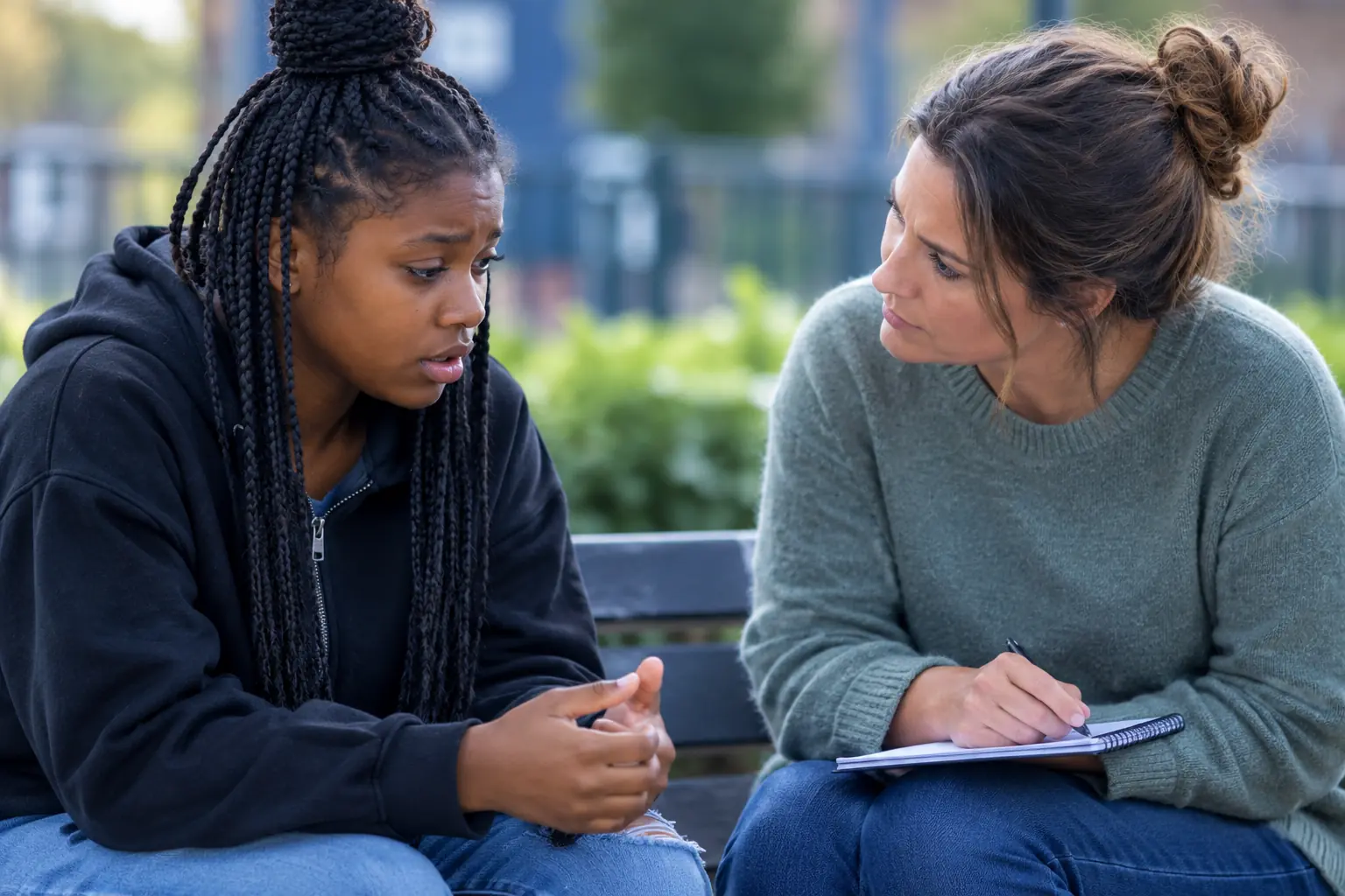 Support worker listening to a young person and taking notes on a bench