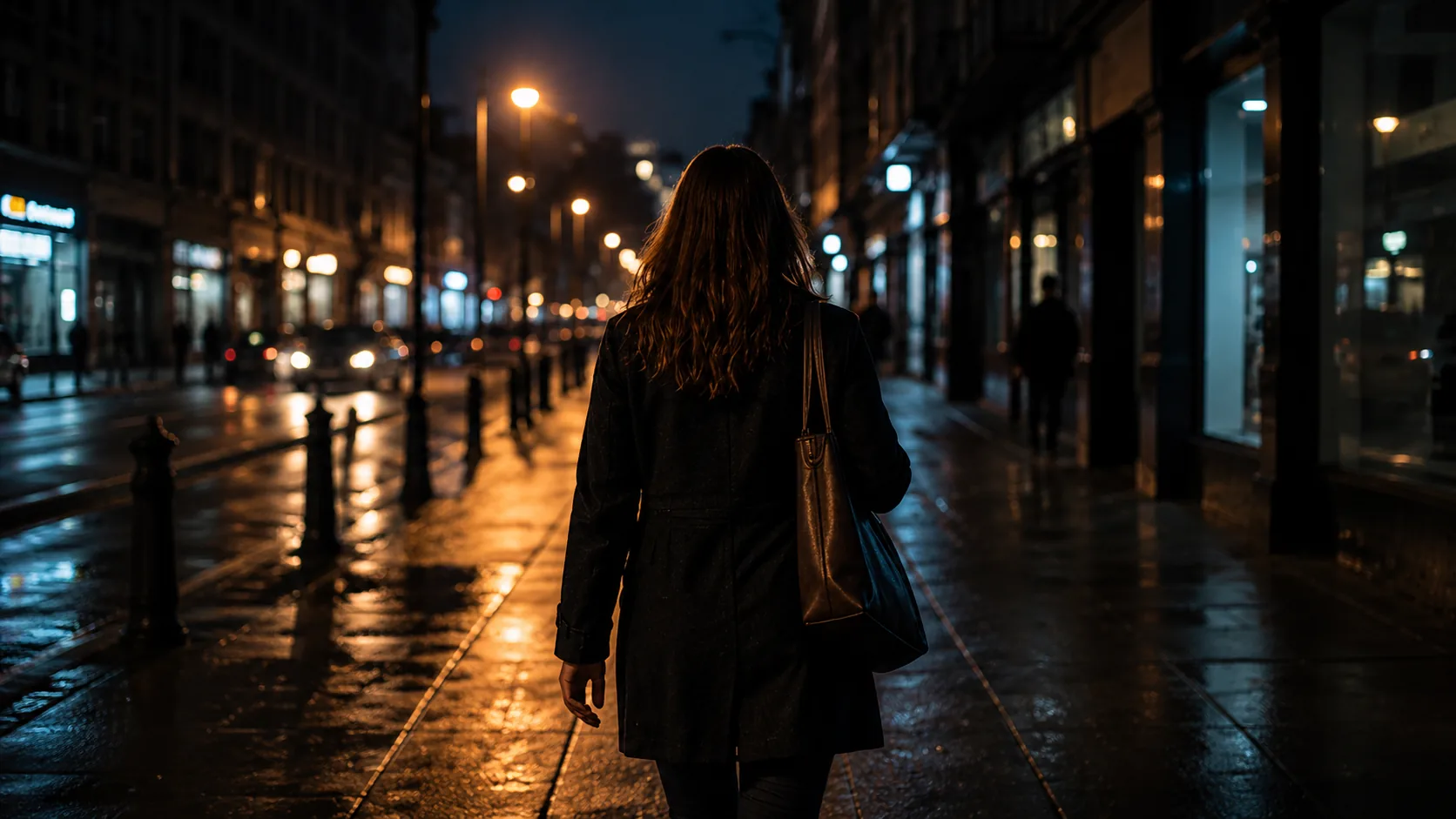 Woman walking through a city street at night
