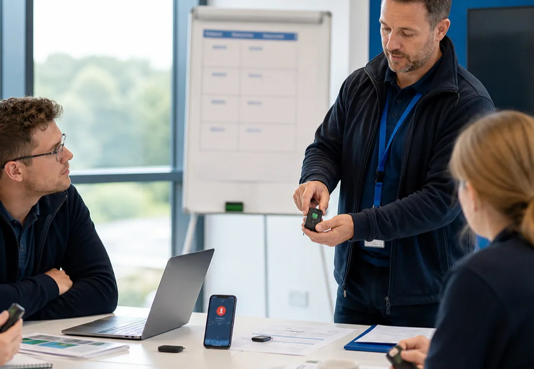 Team reviewing lone worker personal safety devices before procurement