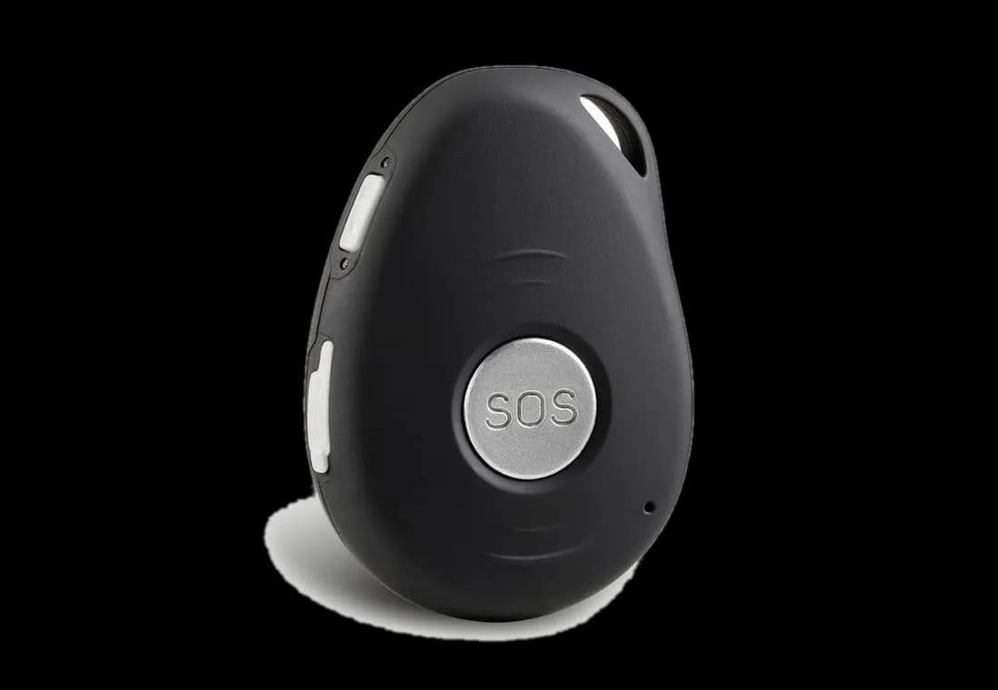 Black personal safety SOS fob with a central alarm button