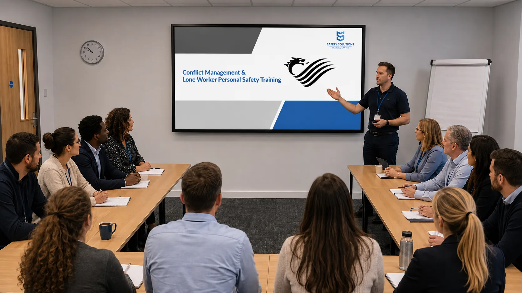 Safety Solutions Training tutor delivering practical workplace safety training beside a fully visible presentation screen