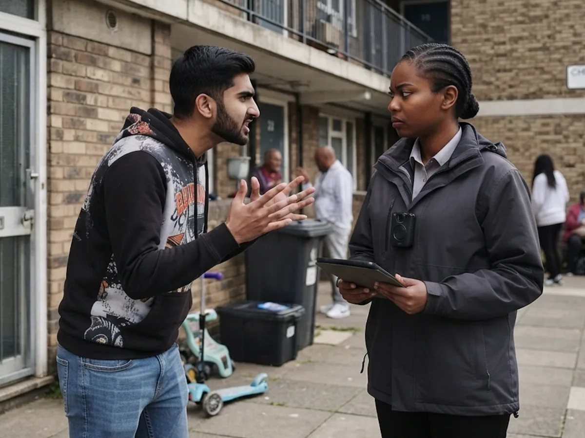 A frontline worker wearing a body-worn camera while speaking with a member of the public.