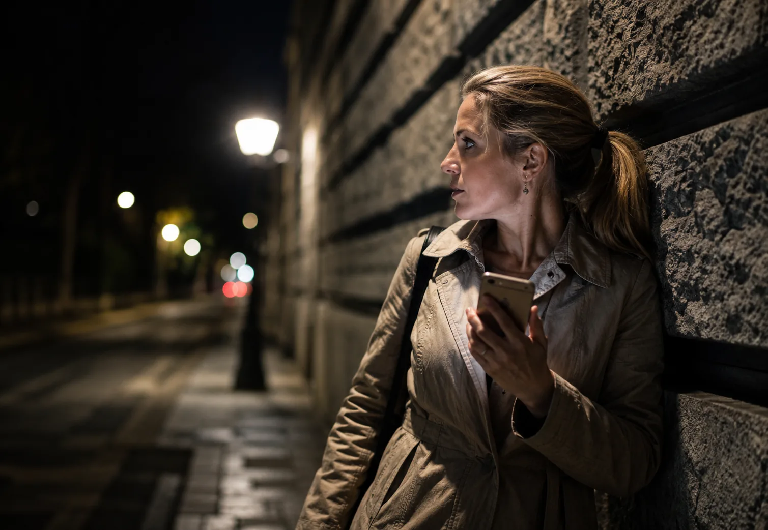 Lone worker holding a phone while feeling unsafe during an evening street visit