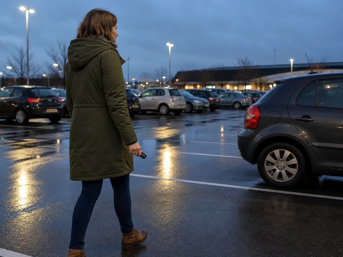 A person approaching their car in a car park with keys already in hand.