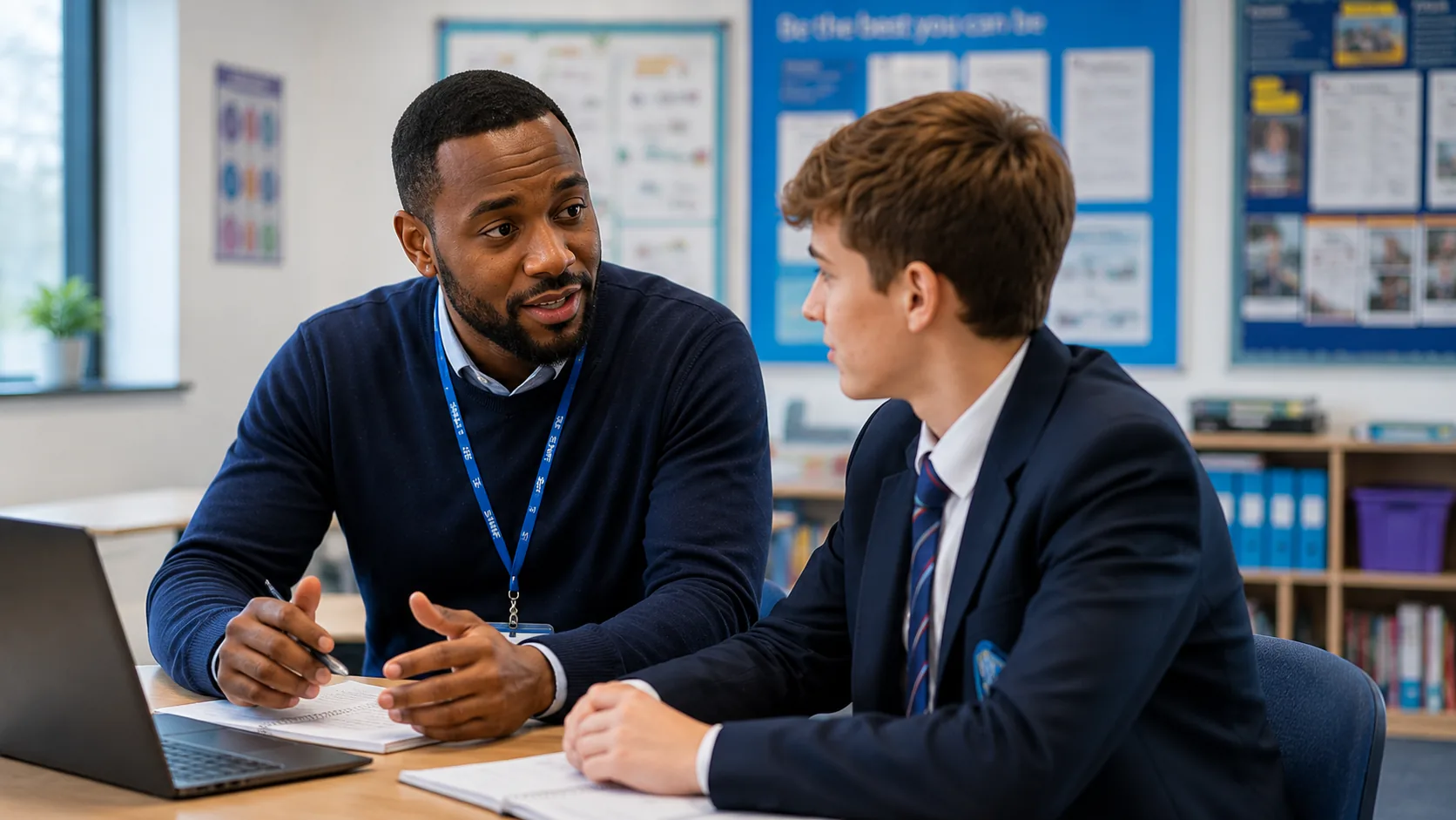 Education staff member in discussion with a student in a school classroom