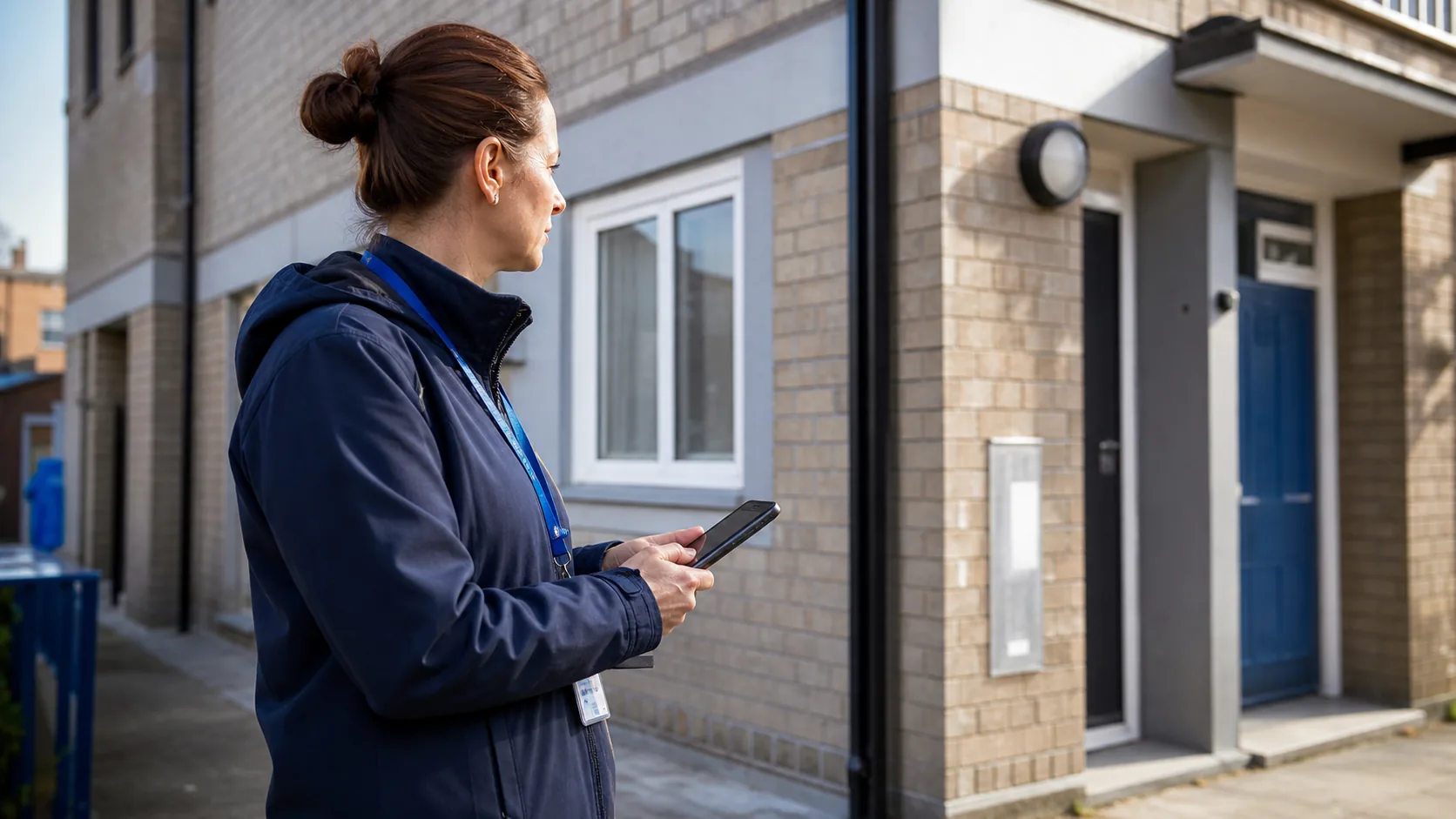 A woman with a tablet speaking with an older woman outside a brick housing block