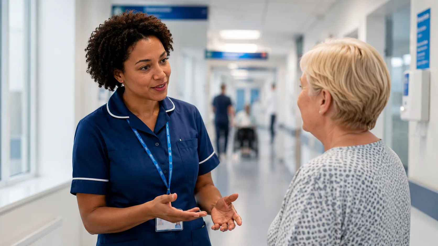 A clinician in blue uniform speaking with a patient in a hospital corridor