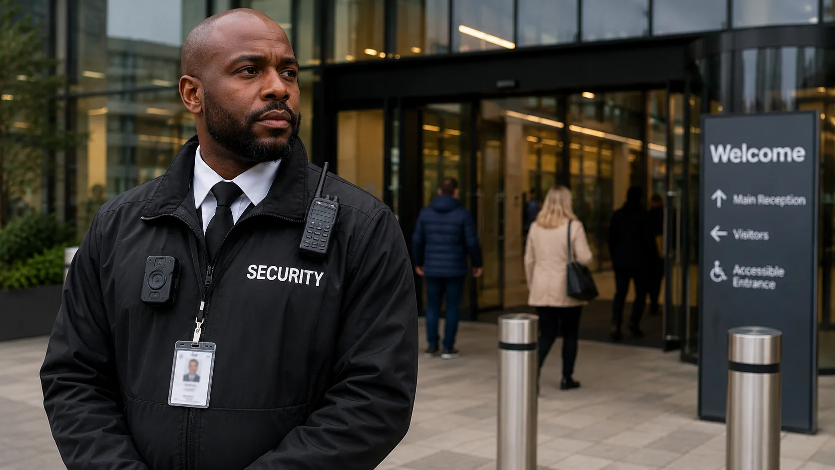 Security officer on duty outside a commercial building entrance