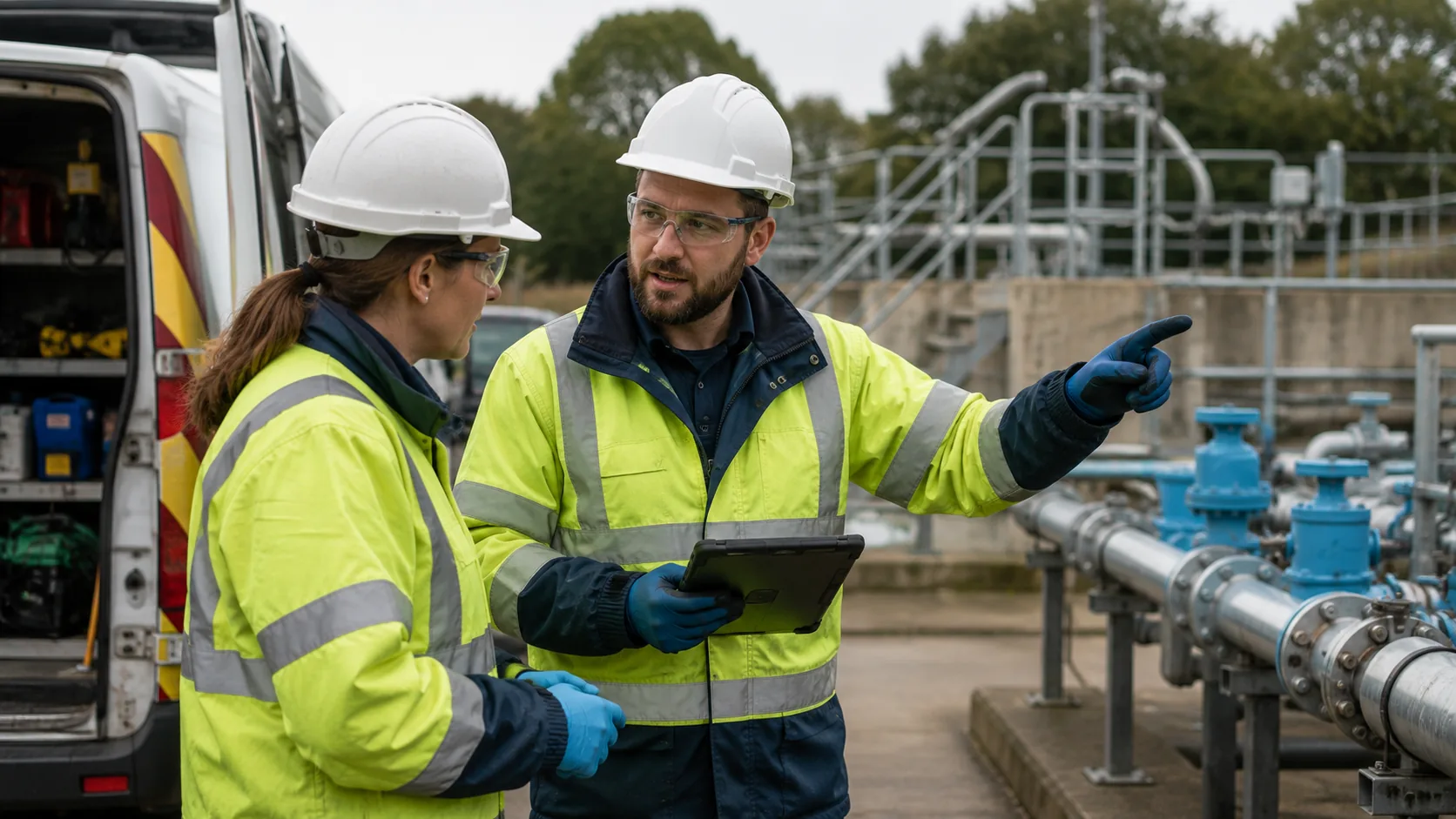Two people in high-visibility jackets and hard hats beside large blue pipes
